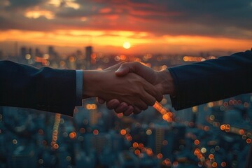 Two businessmen shaking hands with the sun setting in the background. - obrazy, fototapety, plakaty
