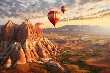 Hot air balloons over scenic rock formations at sunrise

Concept: adventure, travel, landscape, sunrise, exploration


