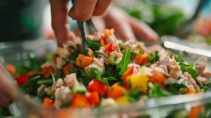 Close-up of canned tuna being mixed into a salad with fresh greens and vegetables, highlighting a quick and nutritious meal option. - Powered by Adobe