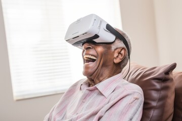 Elderly African American man laughing and enjoying virtual reality headset, technology and entertainment concept
Concept: virtual reality, senior tech, joyful entertainment, immersive experience