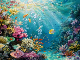 Underwater Coral Reef SceneVibrant Summer Colors and Marine Life - obrazy, fototapety, plakaty