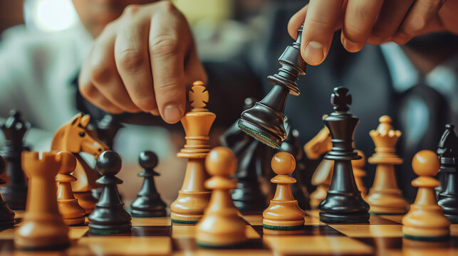 Close-up of two chess players at a tournament, intensely focused as they move pieces in a strategic battle of wits and concentration.