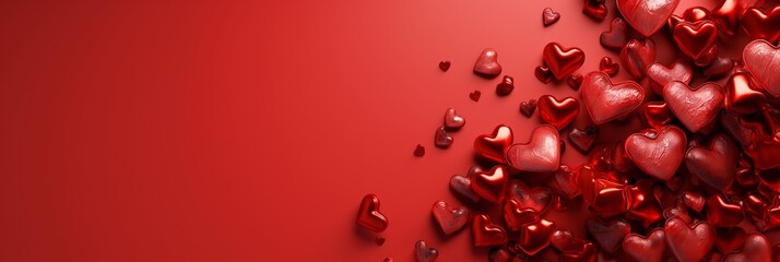Glossy heart-shaped red candies scattered on a bold red background symbolizing love and affection - obrazy, fototapety, plakaty