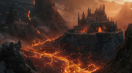 Concept art for a fantasy video game showing the Devil's castle perched atop a volcanic mountain, surrounded by a lava-filled moat, evoking danger and adventure.