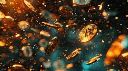 Cryptocurrency flood, 3D bitcoins and ethers raining, twilight glow, wide lens, motion blur