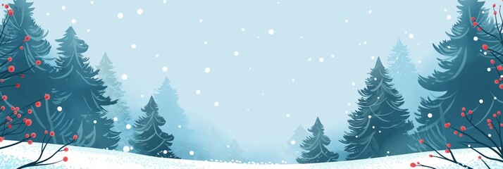A serene winter scene with snow falling gently on evergreen trees and red berries, evoking a peaceful holiday mood - obrazy, fototapety, plakaty