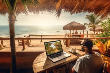 One person working on a laptop in a beachfront tropical cabana, concept of work-life balance, copy space

Concept: work-life balance, remote working, tropical escape, beach office, relaxation