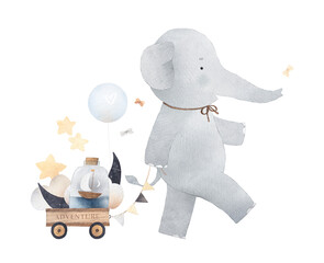 Cute elephant transports the moon, clouds and ship. Watercolor postcard. Decor for a children's room.