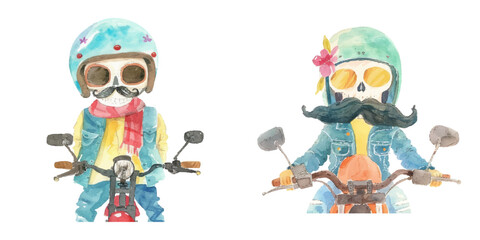 Obraz premium retro skull biker watercolor vector illustration