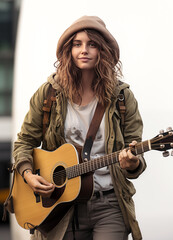 Young woman busking playing acoustic guitar outdoors in street.