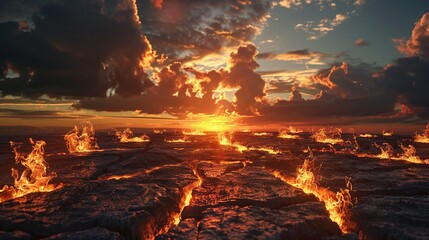 Flames sculpting forms above fractured earth, 3D render, low angle, twilight ambiance
