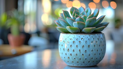 A blue pot with a green succulent on a table