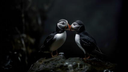 Fototapeta premium Couple de macareux moines Position rocher bec contre bec.