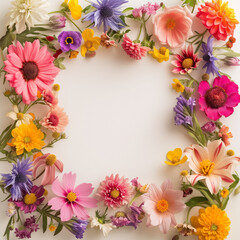 Fototapeta na wymiar Vibrant floral frame made of fresh spring flowers