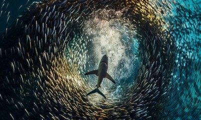 Le requin en train de chasser dans un banc de sardine en plein océan - obrazy, fototapety, plakaty