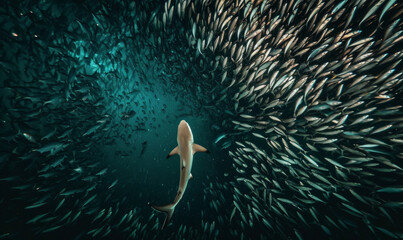 Le requin en train de chasser dans un banc de sardine en plein océan