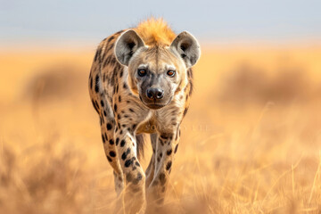 A spotted hyena patrols its territory on the African savannah. - obrazy, fototapety, plakaty