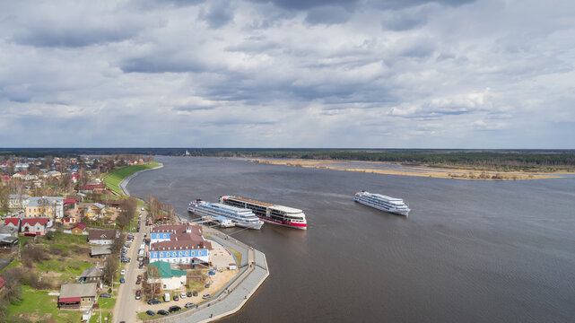 Aerial view of the steamships at the pier near the town of Myshkin. River cruises along the Volga and the Golden Ring of Russia.