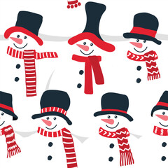 Winter pattern. Seamless print with cute snowmen. Different snowmen in black hats and red scarves. Christmas background. Crowd of snowmen. Vector illustration.