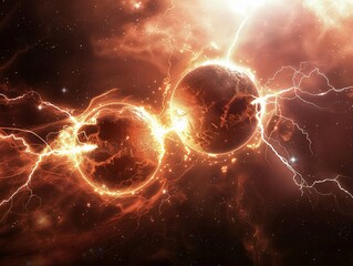 Two orbs colliding, electric sparks, deep space setting, wide-angle view, high contrast - obrazy, fototapety, plakaty