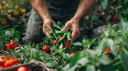 Fototapeta premium Home gardener harvesting a bunch of ripe chillies from lush plants in a backyard garden, showcasing homegrown produce and sustainable living.