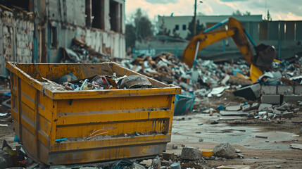 Industrial waste bin beside a construction site, filled with debris and materials, illustrating large-scale waste management.