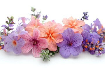A bunch of purple and orange flowers on a white surface
