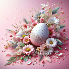 A white Easter egg is nestled among pink flowers on a soft pink background, showcasing the beauty...