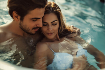 Close up of a couple in love in the whirlpool and enjoying the moment together, love concept - obrazy, fototapety, plakaty