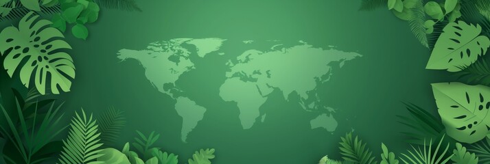 Environmentally themed graphic with a green world map embraced by tropical leaves, conveying eco-friendliness - obrazy, fototapety, plakaty