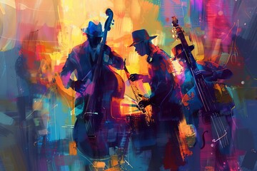 abstract jazz musicians playing solo instruments colorful artistic illustration digital painting background - obrazy, fototapety, plakaty