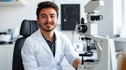 A young optician sits in a chair, smiling, looking at the camera about his eyelid loss. On the side there is a modern eye ring measuring device in a white office.