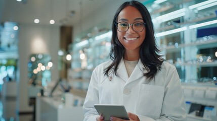 Beautiful young optometrist standing smiling looking at camera while holding digital tablet in standard eyeglasses store