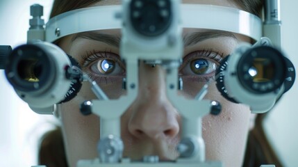 close woman opticians testing equipment