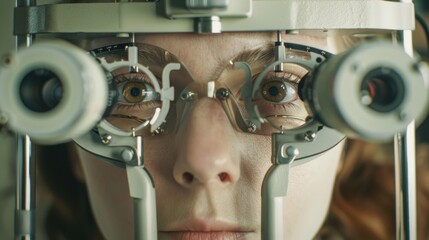 close woman opticians testing equipment