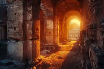 The warm glow of sunset bathes ancient ruined arches and columns, casting shadows and a sense of historical wonder. - obrazy, fototapety, plakaty