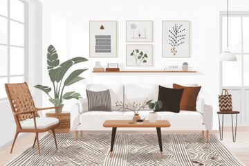 Modern living room with minimalist furniture, cozy textiles, neutral colors, and a clear white background.