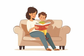A heartwarming illustration of a parent reading a book to their child on a comfortable couch.