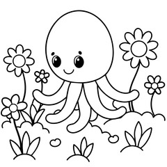 cartoon octopus with flower vector illustration