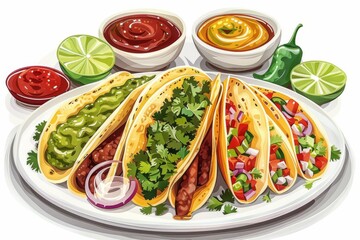 A vibrant plate of Mexican street tacos topped with a variety of colorful salsas and toppings, perfect for a fiesta. - obrazy, fototapety, plakaty