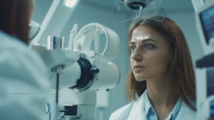 Female doctor is measuring eyesight with a futuristic optician