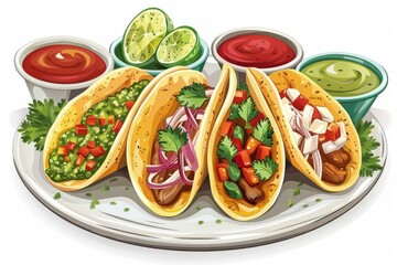 A vibrant plate of Mexican street tacos topped with a variety of colorful salsas and toppings, perfect for a fiesta. - obrazy, fototapety, plakaty