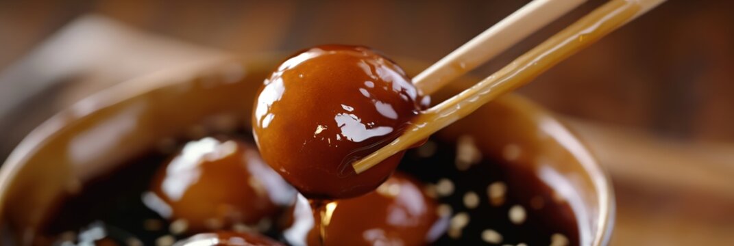 Delectable macro shot of a dango skewer dipped in sweet soy sauce, highlighting the sticky texture