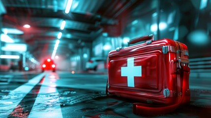 First Aid Kit Ready for Emergency in a Modern Facility. Generative ai - obrazy, fototapety, plakaty