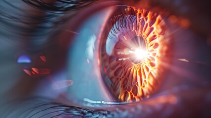 Light beam is shining through retina and lens on eyesight exam