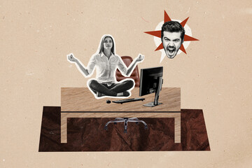 Composite photo collage of calm girl sit work table meditating retreat monitor video call boss yell...