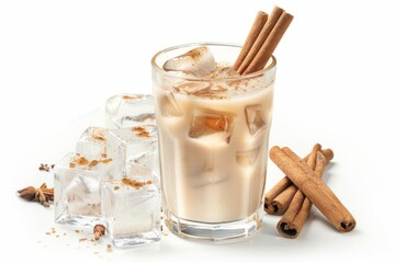 A refreshing glass of horchata, garnished with cinnamon sticks and ice cubes.