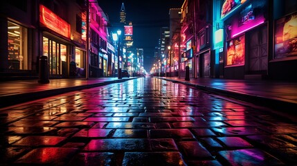 Neon lights illuminate city street at night in this vector clipart design.