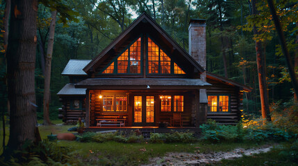Fototapeta na wymiar Rustic log cabin house in a forested area, with a cozy fireplace visible through the windows, ideal for a peaceful retreat in nature.