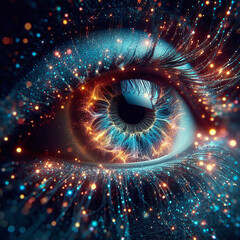 Eye with glowing iris, 3d rendering. Computer digital drawing.